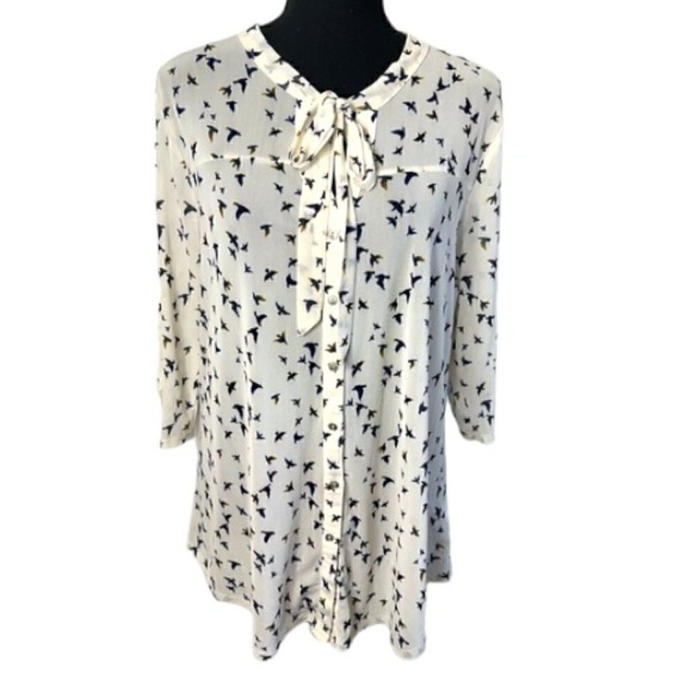 Ember Women’s Semi-Sheer White Blouse with Birds Size XL